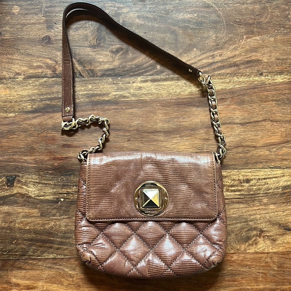 Kate Spade Brown Leather Tufted Shoulder Bag with gold chain detailing